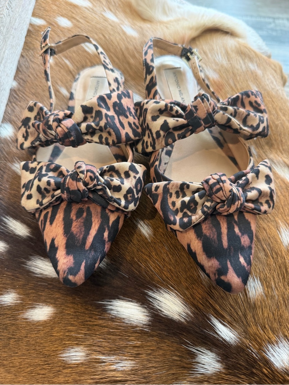 ANTONIO MELANI Leopard Print Bow Pointed Toe Slingback Flats - Brown & Black